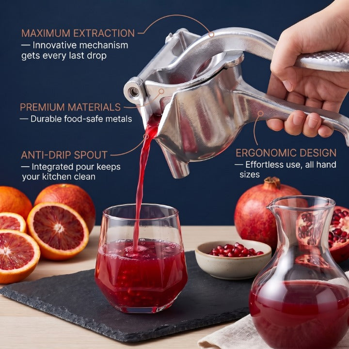 Presse-agrumes manuel aluminium premium sans BPA IronKi pressant un citron avec jus frais